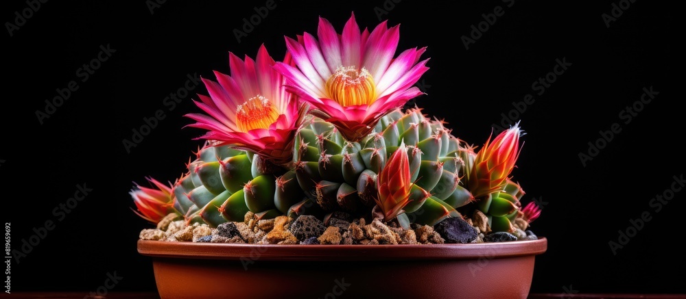 Poster gymnocalycium cactus in a pot with a colorful flower providing an appealing visual element suitable 