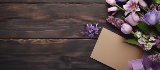 Overhead view of a festive flower arrangement with violet flowers and a greeting card on a brown wooden surface featuring a copy space image