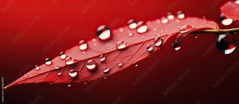 Poster water drops glisten on a red leaf against a plain background with room for text or other elements cr