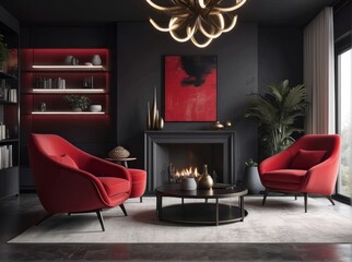 Elegant dark interior with bright red armchairs