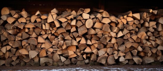 Close up image of stacked firewood outside a rustic hut with space for text or graphics. Copy space image. Place for adding text and design