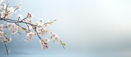 Detailed nature elements include a tree branch flowers and leaves showcasing their beauty in a serene setting with copy space image