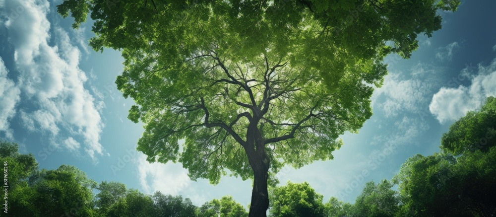 Poster a tall green tree as viewed from the ground reaching up towards the sky in a copy space image