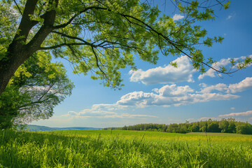 landscape of austria, beautiful spring landscape with green grass, trees, branches over the meadow, blue sky and clouds background, photorealistic // ai-generated 