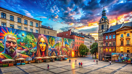 An expansive panorama of a city square transformed into an open-air art gallery, featuring graffiti murals that reflect the diversity and creativity of urban culture