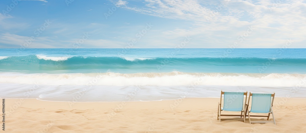 Poster a serene beach scene with gentle waves washing over the sand creating a soothing summer atmosphere i
