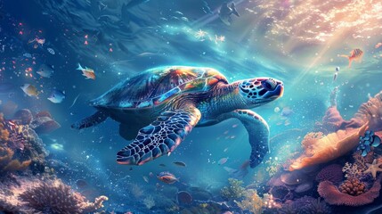 Obraz premium Vibrant marine life and graceful turtle in underwater ocean scene with high quality image