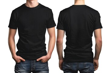 Mock-Up of a Blank Black T-Shirt: Model Wearing Shirt in Front and Back View