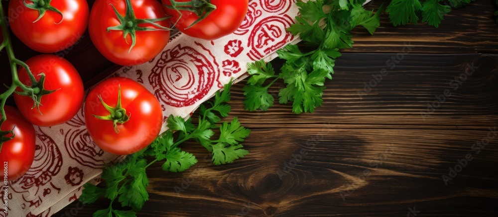 Poster top view of red tomatoes on a plate placed on a wooden table covered with a tablecloth accompanied b