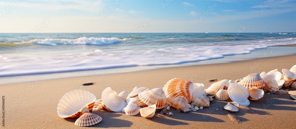 Aufkleber sea shells on a beach with a copy space image of the sea in the background