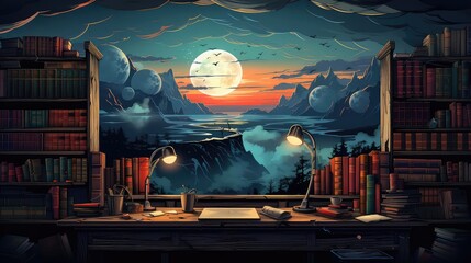 Study background flat design front view vintage bibliophile theme cartoon drawing Monochromatic Color Scheme