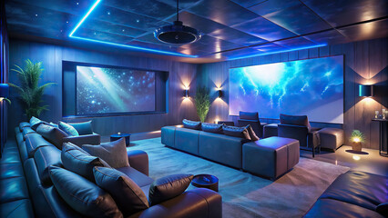 Luxury home theater with comfortable seating, projector screen, and surround sound system