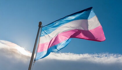 trans flag fluttering against blue sky, lgbt, pride month