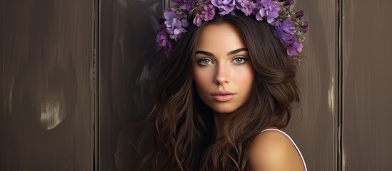 A beautiful portrait of a lovely girl adorned with a purple flower crown with ample copy space image