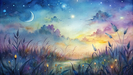 A dreamy meadow landscape at twilight, with fireflies dancing among tall grass and a crescent moon illuminating the watercolor sky