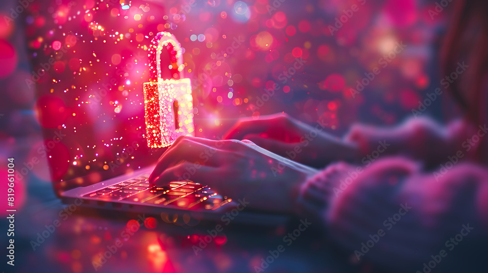 Wall mural Hands typing on a laptop with a glowing padlock, bokeh effect background, concept of cybersecurity. Generative AI