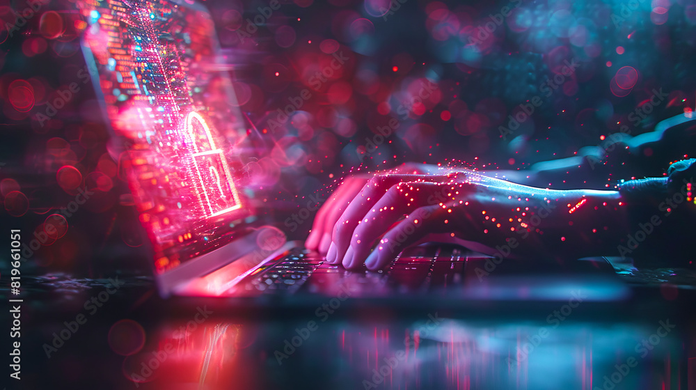 Poster hands typing on a laptop with a glowing digital lock symbol, cyber security concept on a dark bokeh 
