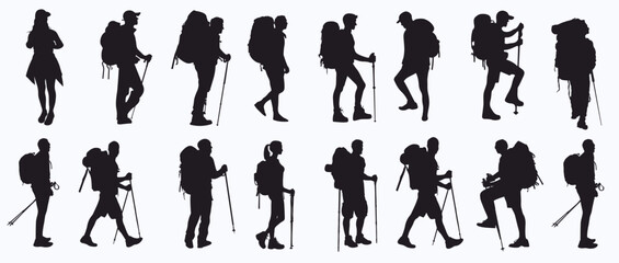 silhouette of male and female hiker. Backpack, hiker, and hiking pole. 
