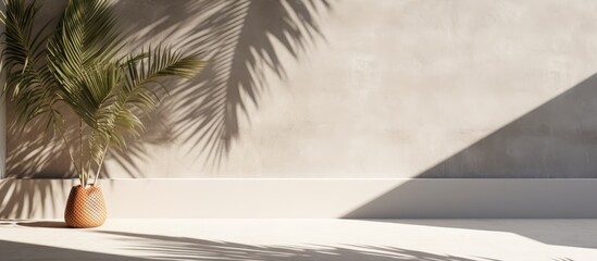 Modern tropical mockup design featuring a luxurious summer architecture interior aesthetic with minimal product placement a palm shadow on a concrete wall and copy space image