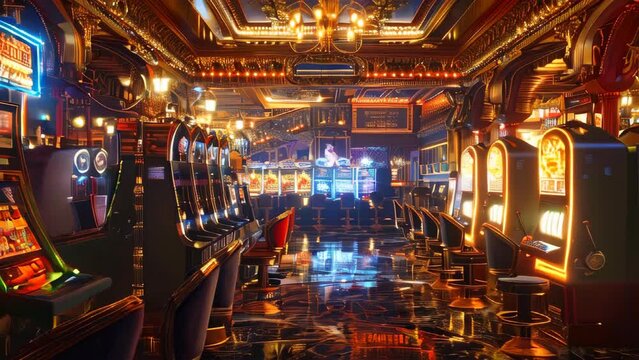 A casino with rows of slot machines illuminated by colorful lights