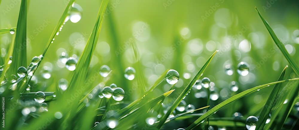 Poster a detailed image showing dew on grass with copy space image