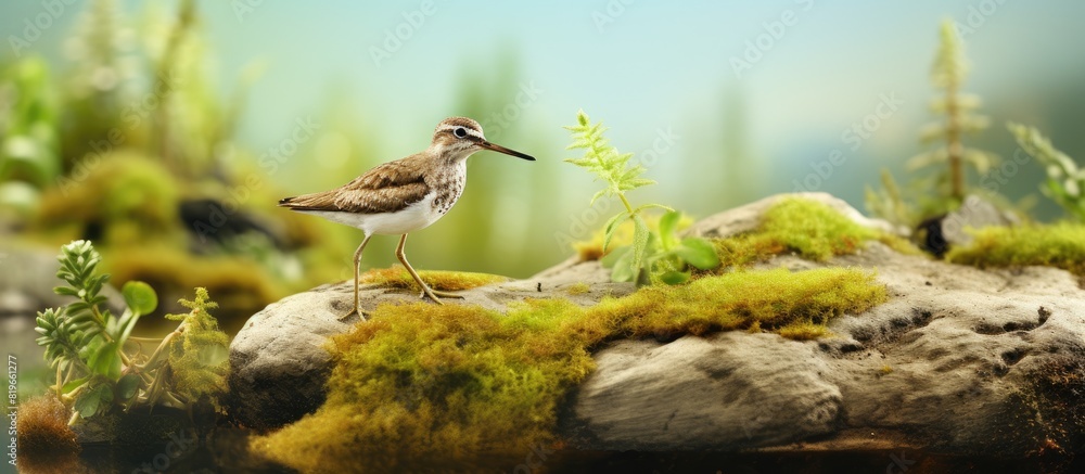 Poster common sandpiper also known as actitis hypoleucos shown in a natural setting with a blank background