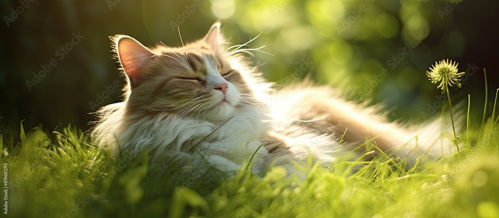 Aufkleber a luxurious fluffy cat relaxes in the sunshine on green grass while enjoying a summer s day in the y