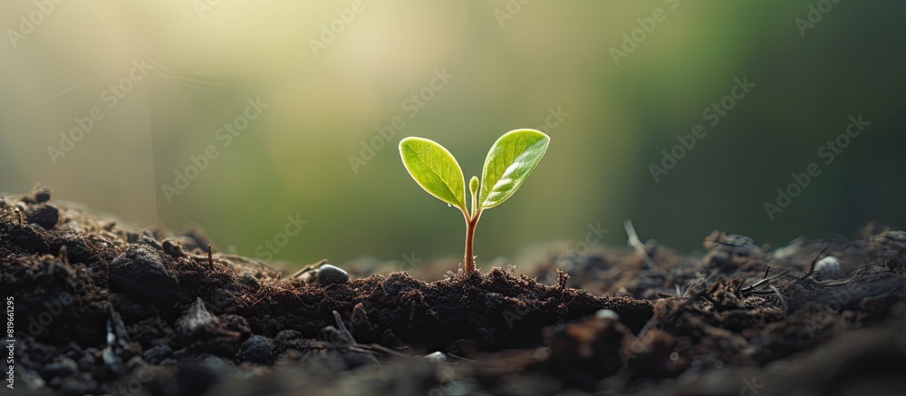 Poster a tiny fresh tree sprout emerging from the soil. copy space image. place for adding text and design