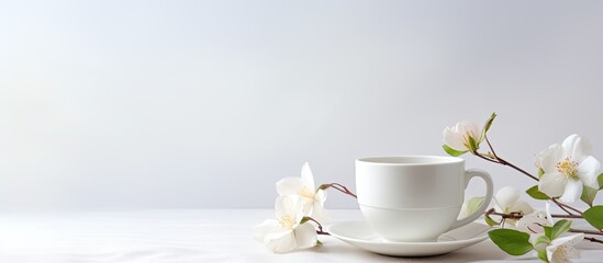White flower and cup of coffee displayed on a white surface with a copy space image