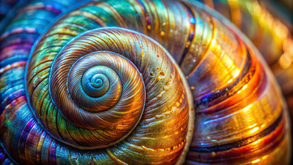 Detailed shot of a snail's shell, showcasing spiral patterns and iridescent hues