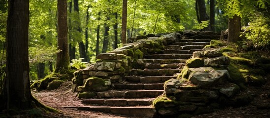 A rustic stone staircase in a forest setting during summer with a yellow stone wall in the background ideal for adding copy space image