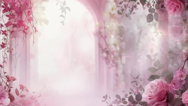 Romantic rose garden with columns in dreamy light, copy space