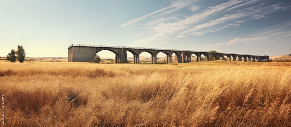 Poster sunny day with a train bridge in an isolated area with dry grass perfect for a copy space image