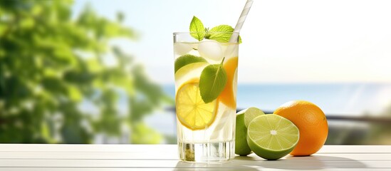 Fresh orange green apple slices placed beside a cocktail glass of non alcoholic mojito on a white wooden table outdoors with a garden backdrop for a copy space image