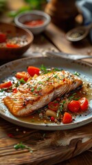 Grilled Salmon with Cherry Tomatoes and Herbs - Deliciously grilled salmon fillet served with fresh cherry tomatoes and garnished with herbs. Perfect for food photography and culinary presentations.
