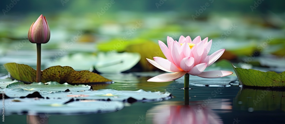 Poster lotus flower floating on a serene lake with copy space image