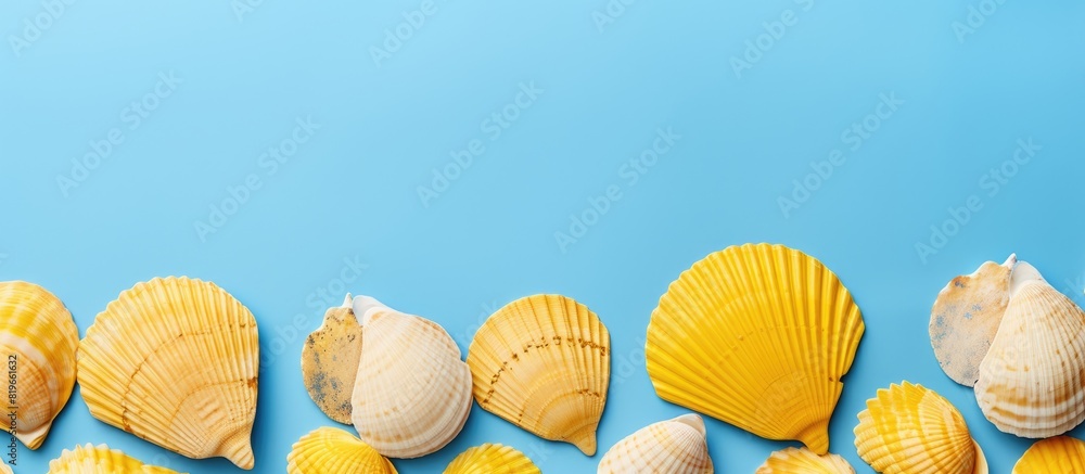 Poster top view of a summer themed seashell pattern against a blue and yellow background with space for tex