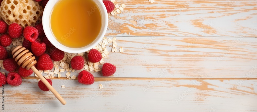 Aufkleber top view horizontal image of oatmeal with raspberries and honey with copy space image