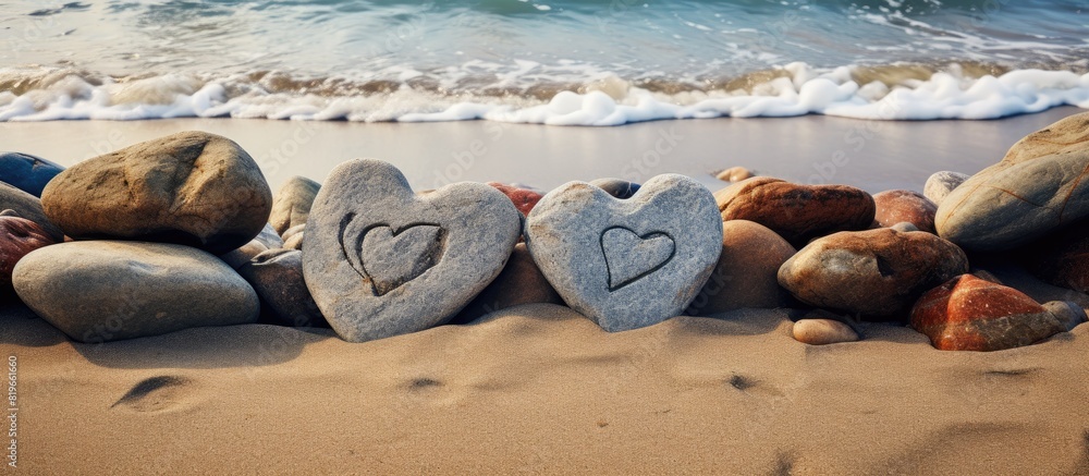 Poster messages declaring affection for the beach are inscribed on rocks with copy space image