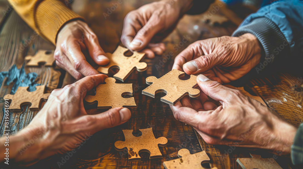 Poster hands assembling puzzle pieces on a wooden table, symbolizing teamwork and problem-solving. generati
