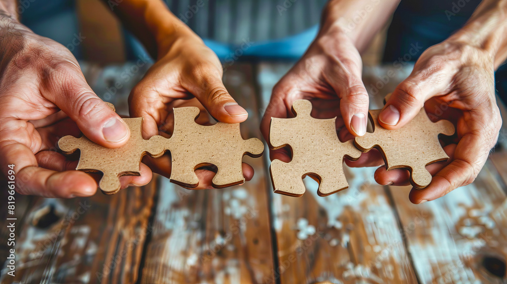 Poster four hands connecting puzzle pieces on a wooden table, symbolizing teamwork and solution finding. ge