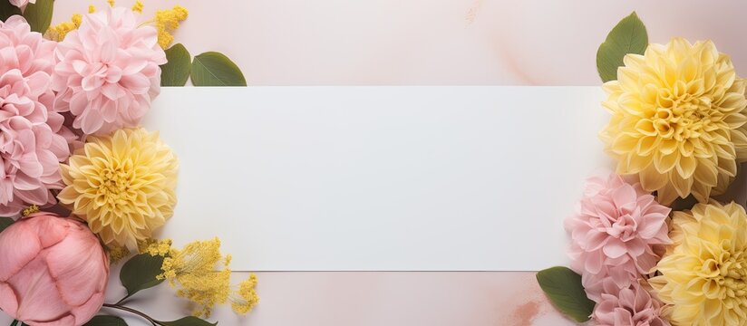 A greeting card mockup featuring a floral arrangement with pink and yellow hydrangea dahlias and eucalyptus allowing for a copy space image