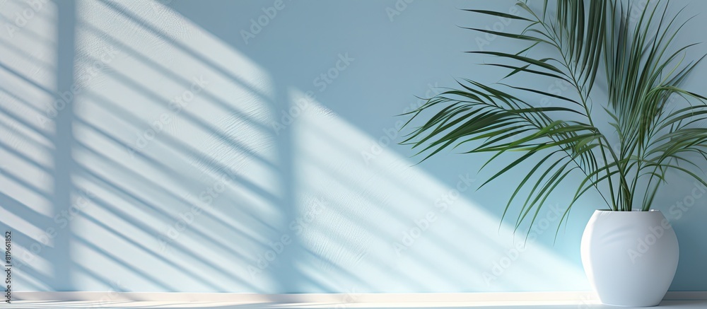 Aufkleber light blue background with minimal abstract design featuring shadows of tropical leaves and window c