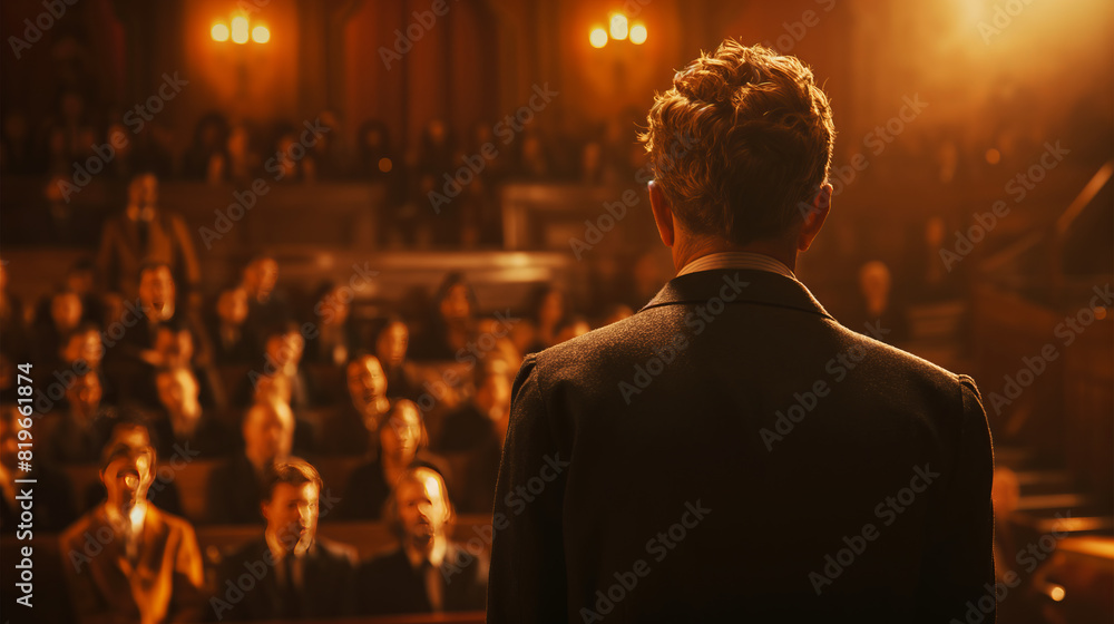 Poster a person addressing an audience in a dimly lit auditorium, warm color tones, focused on public speak