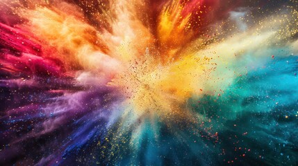 Abstract patterns of colorful powder exploding into the air, forming a kaleidoscope of hues against a backdrop of radiant sunshine. 
