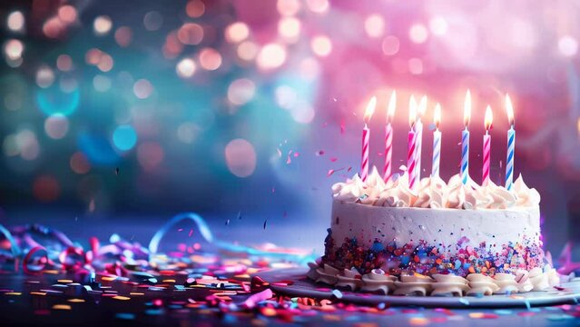 A birthday cake with candles on blurred background