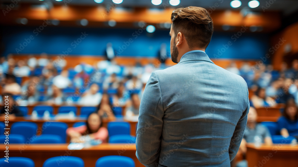 Poster a man in a blue suit standing before an audience in a lecture hall, blurred background, concept of p