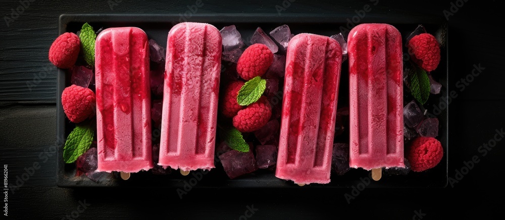 Poster a black plate displaying a group of homemade raspberry vanilla ice pops from a top down perspective 