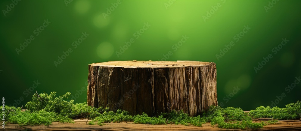 Poster a photo showing a tree stump on a green background isolated with copy space image