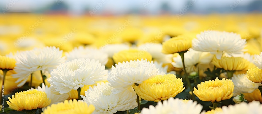 Sticker The picturesque Chrysanthemum field on the farm with copy space image